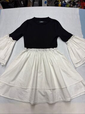 Maeve by Anthropologie Twofer Black Knit top with White Bell-Sleeve Mini Dress S